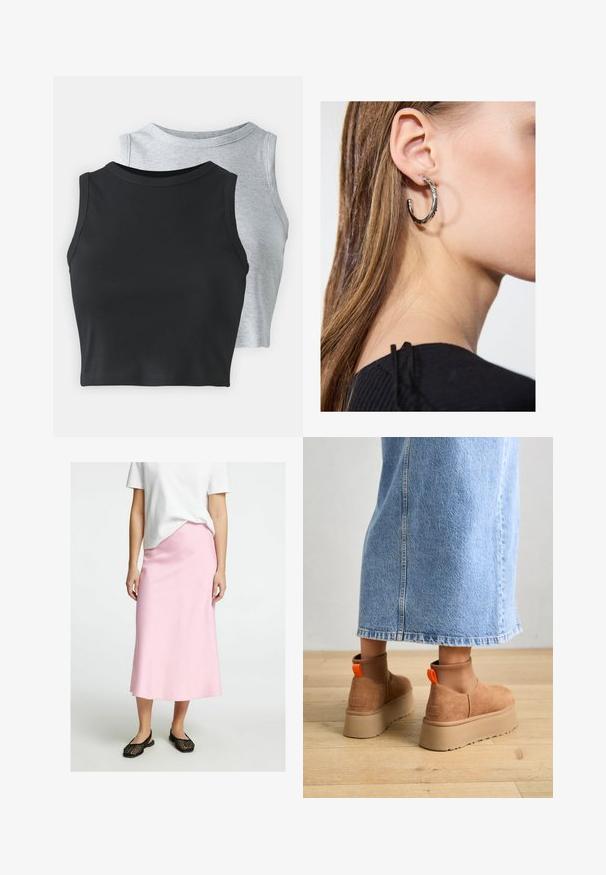 Even&Odd Petite 2 PACK - Top - light grey/black; Svetlo roza midi krilo iz gladkega blaga, z ravnim krojem. V kombinaciji s črnimi pletenimi natikači. Delno vidna bela majica.; Rjave suede platform čizme z elastičnimi stranskimi paneli in oranžnimi zankami, v kombinaciji s svetlobno denim krilom do kolen na lesenem tleh.; Srebrna obročasta uhana s polirano površino, ki vključuje majhne zlate poudarke in okroglo obliko, nošena na ušesnem lobu.