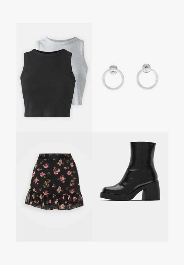 Even&Odd Petite 2 PACK - Top - light grey/black; Črna cvetna krila z nabrano obrobo. Ima vzorec roza in rumenih cvetov na prosojni tkanini. Lahka in tesno prilegajoča zasnova.; Črne gležnjarje z sijajno površino, kvadratnim nosom in debelim blokskim peto. Oblikovanje izstopa s brezšivno silhueto in minimalnim logotipiranjem.; Srebrni kovinski obročasti uhani z brušenjem, s krožno obliko in prozornim zatičem za varno nošenje.