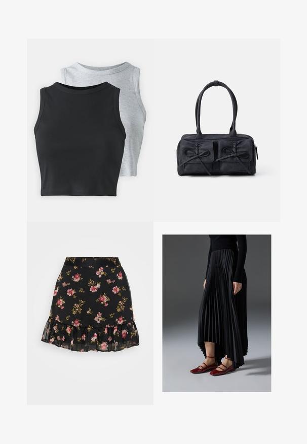 Even&Odd Petite 2 PACK - Top - light grey/black; Črna cvetna krila z nabrano obrobo. Ima vzorec roza in rumenih cvetov na prosojni tkanini. Lahka in tesno prilegajoča zasnova.; Črna nabrana krila z višjim sprednjim in nižjim zadnjim delom, kombinirana z sijočimi rdečimi balerinkami s trakastim dizajnom. Tkanina ima gladko teksturo.; Črna tkaninska torba z dvema sprednjima žepoma, ki imata podrobnosti pentlje, dvojni ročaj in zadrgo. Mehka tekstura in pravokotna oblika.; Srebrni uhani v obliki obroča z obliko pentlje, z gladko površino in poliranim teksturo. Kompaktna, minimalistična zasnova primerna za različne priložnosti.