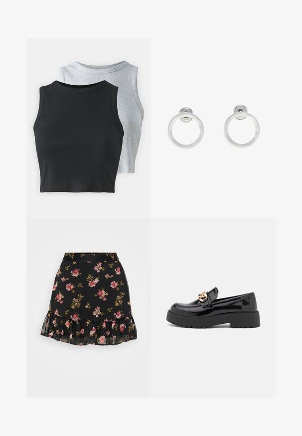 Even&Odd Petite 2 PACK - Top - light grey/black; Crna cvjetna suknja s volanima. Ima uzorak ružičastih i žutih cvjetova na prozirnom materijalu. Lagani i prilagođeni dizajn.; Crne lakirane kožne mokasine sa debelim crnim potplatom i detaljima od zlata. Glatka tekstura i dizajn okruglog vrha.; Srebrne metalne naušnice u obliku prstena s brušenom teksturom, s kružnim dizajnom i prozirnom vrstom kopče za sigurno nošenje.