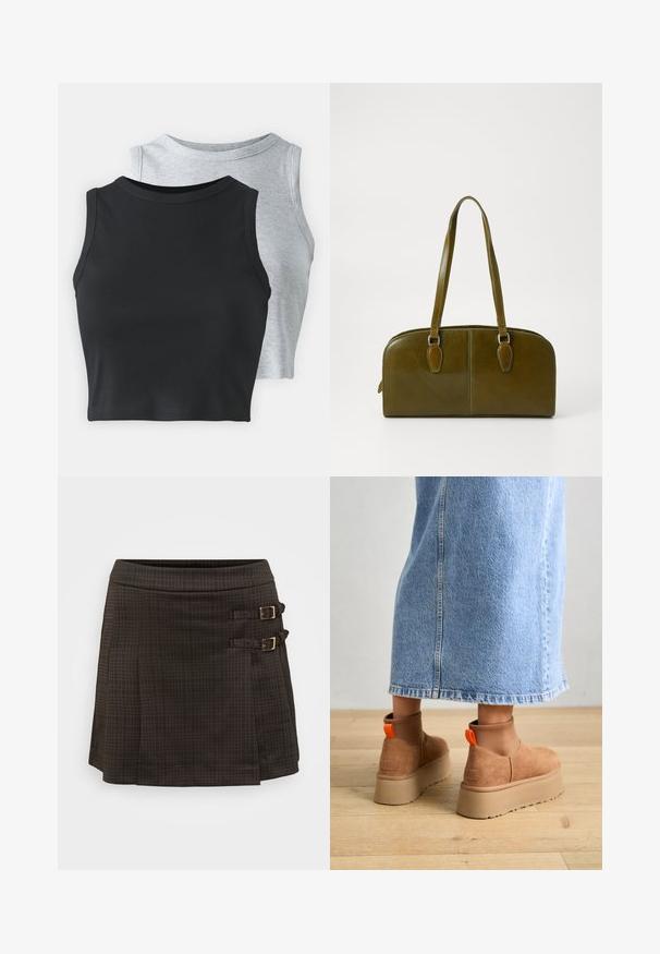 Even&Odd Petite 2 PACK - Topp - light grey/black; Tume ruuduline seelik, A-line siluett, millel on kaks külgbuklit kuldse tooni riistvaraga. Valmistatud tekstureeritud kangast, millel on peen kontrollmuster.; Pruunid nahatooted platvormikontsad elastsete külgpaneelidega ja oranžide tõmbetuttidega, koos puusani ulatuva heleda denim-seelikuga puidust põrandal.; Olive rohelise nahast käekott ümmarguse kujuga, kahe käepidemega ja sujuva esipaneeliga. Omab sileda tekstuuri ja peeneid õmblusdetailide.; Hõbedane rõngas kõrvarõngas poleeritud viimistlusega, millel on väikesed kuldsed aktsendid ja ümmargune kuju, kantud lobus.