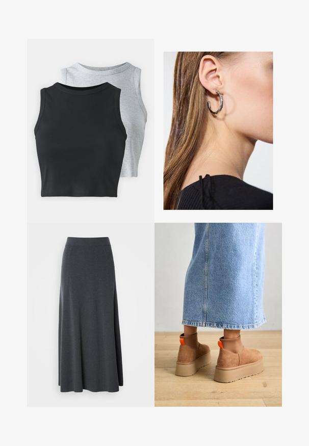 Even&Odd Petite 2 PACK - Felső - light grey/black; Sötét szürke, maxi hosszúságú szoknya puha, rugalmas anyagból. Magas derékkal és légies fazonnal rendelkezik, finom oldalvarrásokkal a formáért.; Barna velúr platform csizmák elasztikus oldalsó panelekkel és narancssárga húzófülekkel, amelyek egy térdközépig érő világoskék farmer szoknyával vannak párosítva egy fás padlón.; Ez egy ezüst fülbevaló, sima felülettel, amelyen apró arany díszítőelemek találhatók. Kerek formájú és a fülcimpán viselik.