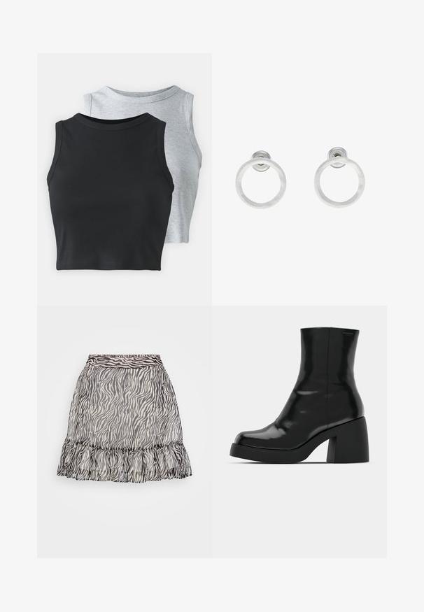 Even&Odd Petite 2 PACK - Top - light grey/black; Falda transparente con estampado de cebra, con un dobladillo con volantes, en colores blanco y negro, y una cinturilla elástica para un ajuste cómodo.; Botas de tobillo negras con un acabado brillante, punta cuadrada y un tacón grueso en bloque. El diseño presenta una silueta sin costuras y un minimalismo en la marca.; Pendientes de aro de metal plateado con una textura cepillada, que presentan un diseño circular y un respaldo transparente para un uso seguro.