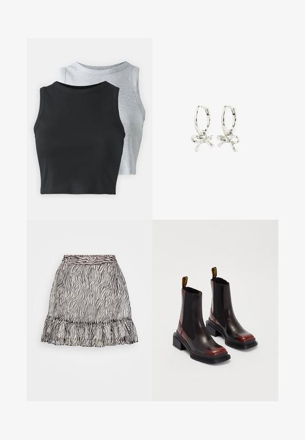 Even&Odd Petite 2 PACK - Top - light grey/black; Priehľadná sukňa so zebrovaným vzorom, ktorá má volánový lem, čiernobiele farby a elastický pás pre pohodlné nosenie.; Dr. Martens MAYBOLE CHELSEA - Členkové čižmy na platforme - black/cherry red; Strieborné kruhové náušnice so vzorom mašle, s hladkým povrchom a leštenou textúrou. Kompaktne, minimalistický štýl vhodný na rôzne príležitosti.