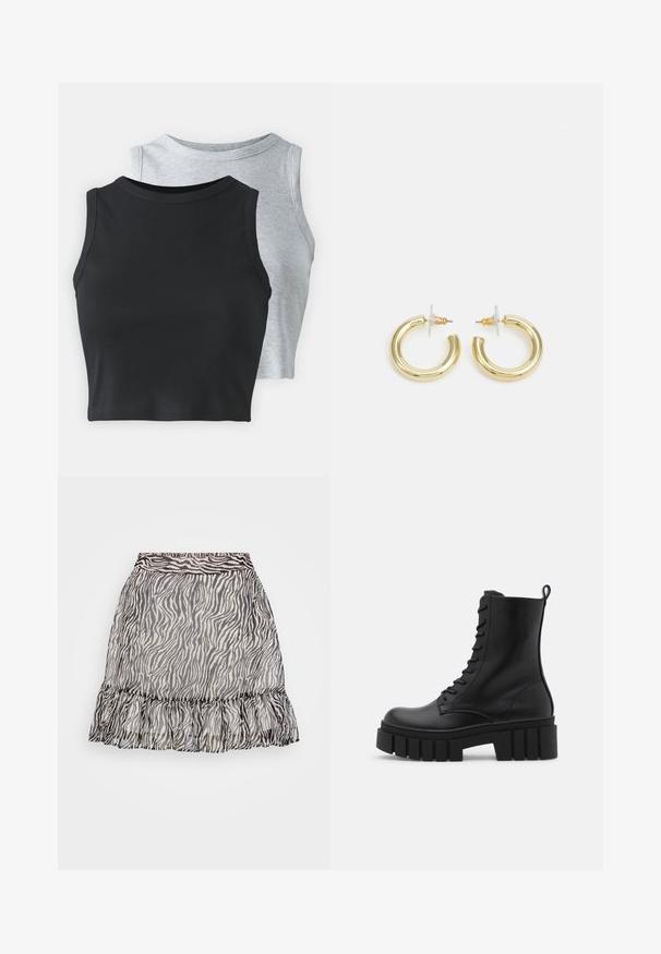Even&Odd Petite 2 PACK - Top - light grey/black; Sheer zebra-patterned skirt featuring a ruffled hem, black and white colors, and an elastic waistband for a comfortable fit.; Black leather ankle boot with chunky, ridged sole, lace-up front, and pull tab on smooth white background.; Gold hoop earrings with a smooth, shiny finish. Circular design featuring a small post and clear backing for secure wear.