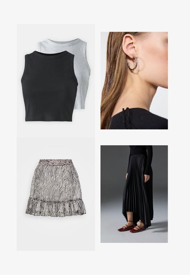 Even&Odd Petite 2 PACK - Top - light grey/black; Falda transparente con estampado de cebra, con un dobladillo con volantes, en colores blanco y negro, y una cinturilla elástica para un ajuste cómodo.; Falda negra plisada con un dobladillo asimétrico, combinada con bailarinas rojas brillantes que tienen un diseño de tiras. La tela tiene una textura suave.; Pendiente de aro de plata con un acabado pulido, que presenta pequeños detalles en dorado y una forma redonda, llevado en el lóbulo.