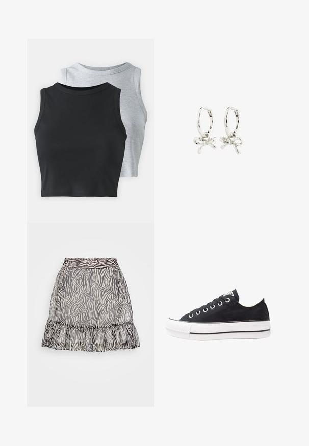 Even&Odd Petite 2 PACK - Topp - light grey/black; Kerge zebra-mustriga seelik, millel on volangiga äär, mustad ja valged värvid ning elastne vöökoht mugavaks istuvuseks.; Mustkunst sünnil varrega mustad keedekad, valge kummine tald, ümmargune ninaosa, madal disain, metallist silmadega ja tekstureeritud ninaosa. Peen must riba taldadel.; Hõbedased rõngas kõrvarõngad, millel on lipsu kujundus, sile viimistlus ja läikiv tekstuur. Kompaktne, minimalistlik stiil, sobib erinevateks juhtudeks.