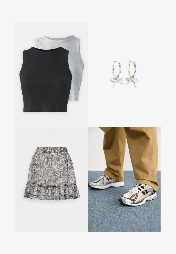 Even&Odd Petite 2 PACK - Top - light grey/black; Sheer zebra-patterned skirt featuring a ruffled hem, black and white colors, and an elastic waistband for a comfortable fit.; White and silver New Balance sneakers with black accents and laces, featuring a mesh upper, cushioned sole, and dynamic design.; Silver hoop earrings featuring a bow design, with a smooth finish and a polished texture. Compact, minimalist style suitable for various occasions.