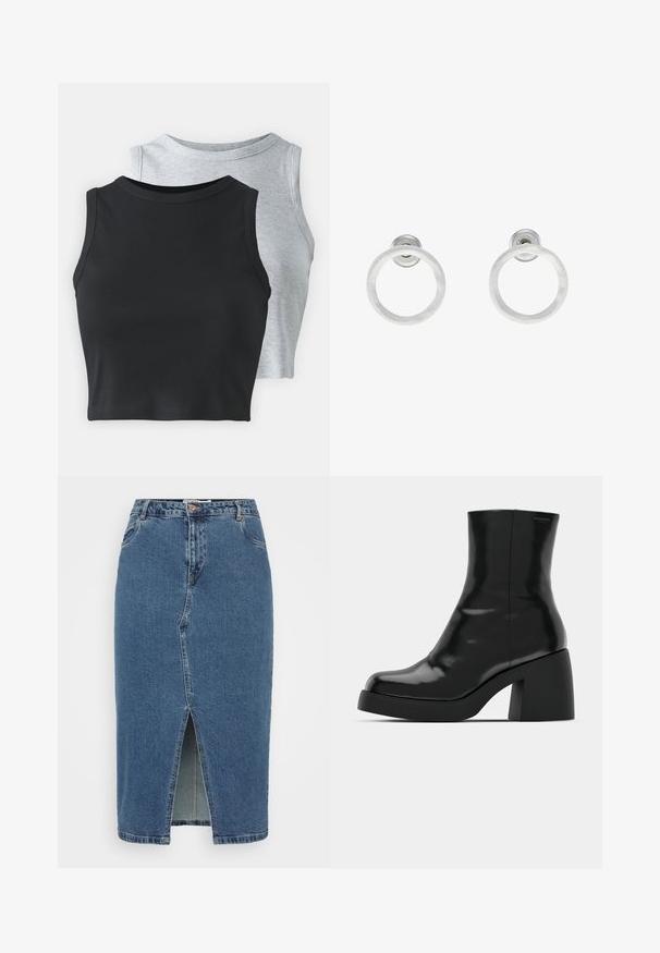 Even&Odd Petite 2 PACK - Top - light grey/black; Denim kratka krila z visokim pasom, modri pranje, vsebuje sprednji razporek, dva stranska žepa in klasičen pet-pocket dizajn.; Črne gležnjarje z sijajno površino, kvadratnim nosom in debelim blokskim peto. Oblikovanje izstopa s brezšivno silhueto in minimalnim logotipiranjem.; Srebrni kovinski obročasti uhani z brušenjem, s krožno obliko in prozornim zatičem za varno nošenje.