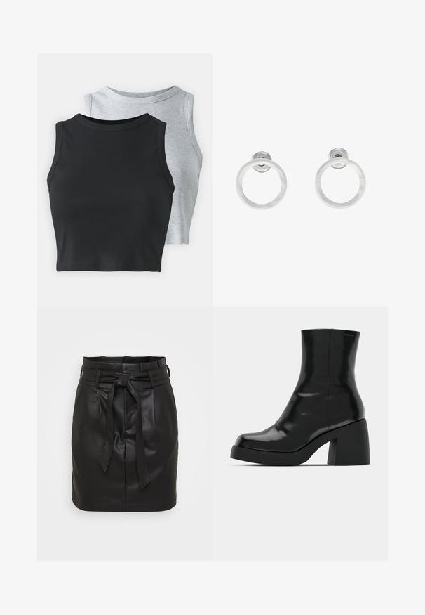 Even&Odd Petite 2 PACK - Viršus - light grey/black; Juodos odinės mini sijonas su aukštu liemeniu, kuris turi priekį rišamą diržą ir lygų paviršių. Minimalistinio dizaino, be papildomų raštų.; Juodi kulkšniniai batai su blizgiu paviršiumi, kvadratiniu pirštu ir storu blokiniu kulnu. Dizainas pasižymi be siūlių siluetu ir minimalia ženklinimo. ; Sidabriniai metaliniai auskarai žiedų pavidalu su šveitimo tekstūra, turintys apvalų dizainą ir skaidrų laikiklį saugiam dėvėjimui.