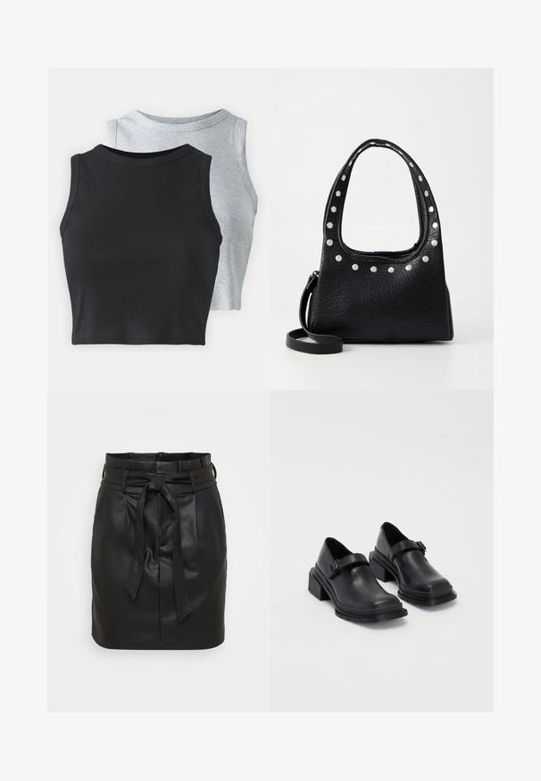 Even&Odd Petite 2 PACK - Topper - light grey/black; Svart lær mini skjørt med høy liv, med en frontknute belte og glatt tekstur. Minimalistisk design uten ytterligere mønstre.; Sorte lærersko med rund tå, flat såle og en rem med spenne-detalj. Kraftig blokkhæl for bedre stabilitet.; Svart teksturert skinnhåndveske med sølvfargede nagler langs toppkanten og håndtakene, med et kort håndtak og en avtagbar stropp.; Sølv ringøredob med en polert finish, med små gull detaljer og en rund form, båret på øreflippen.