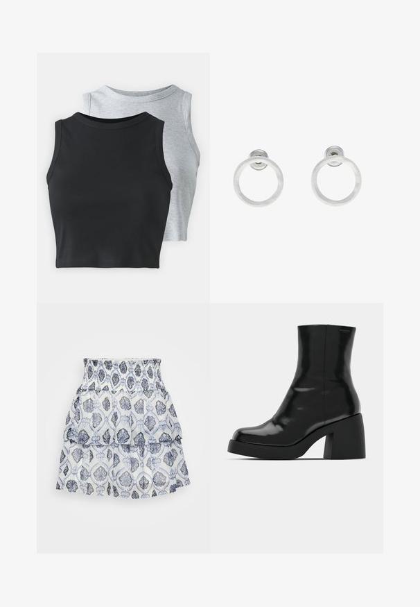 Even&Odd Petite 2 PACK - Top - light grey/black; Bílá sukně ve vrstveném stylu s květinovým vzorem v modrých a šedých tónech, s nařaseným pasem a lehkou, texturovanou tkaninou.; Černé kotníkové boty s lesklým povrchem, čtveratou špičkou a silným blokovým podpatkem. Design se vyznačuje bezproblémovým siluetu a minimálním brandingem.; Stříbrné kovové kruhové náušnice s broušenou texturní úpravou, s kulatým designem a průhledným záznamem pro bezpečné nošení.