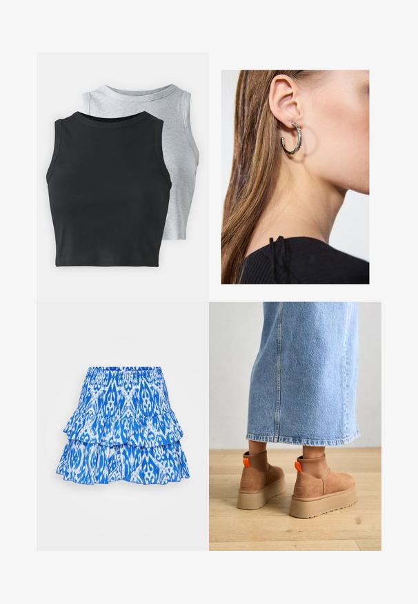 Even&Odd Petite 2 PACK - Topper - light grey/black; Blå lagdelt skjørt med et livlig ikat-mønster. Har volanglag og elastisk midjebånd for justering. Materialet ser lett ut.; Brune semska plattformstøvler med elastiske sidepaneler og orange rekkehalser, parret med en knelange lys denimskjørt på et tregulv.; Sølv ringøredob med en polert finish, med små gull detaljer og en rund form, båret på øreflippen.