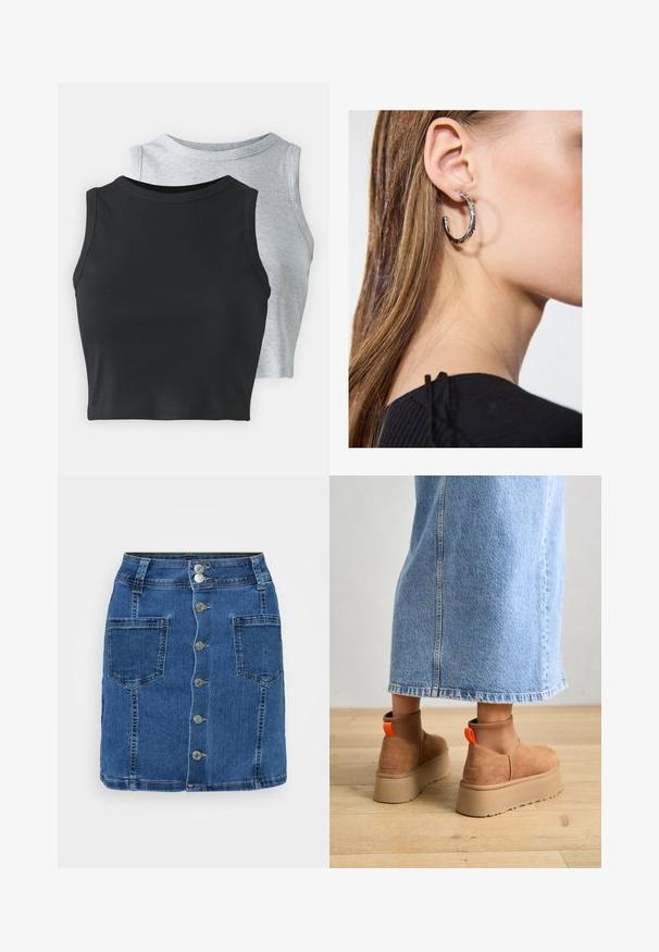 Even&Odd Petite 2 PACK - Top - light grey/black; Denim skirt with a fitted waist, five metal buttons down the front, and two large side pockets. Mid-thigh length and classic blue color.; Brown suede platform boots with elastic side panels and orange pull tabs, paired with a knee-length light denim skirt on a wooden floor.; Silver hoop earring with a polished finish, featuring small gold accent details and a round shape, worn on the lobe.