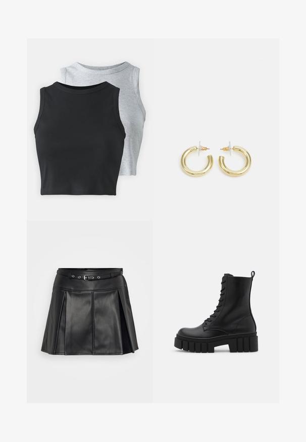 Even&Odd Petite 2 PACK - Topp - light grey/black; Must mustruhkettaga mustriga mustrikküljel. Omab sujuvat tekstuuri ja kohandatud lõiget.; Must mustaanklid mustast nahast, paksu ja soonilise tallaga, sidumisena esiotsaga ja tõmbevahega, suvalisel valgel taustal.; Kuldne rõngassõrmused sileda ja läikiva viimistlusega. Ringikujuline disain, millel on väike post ja selge tagumine külg, et tagada kindel kandmine.