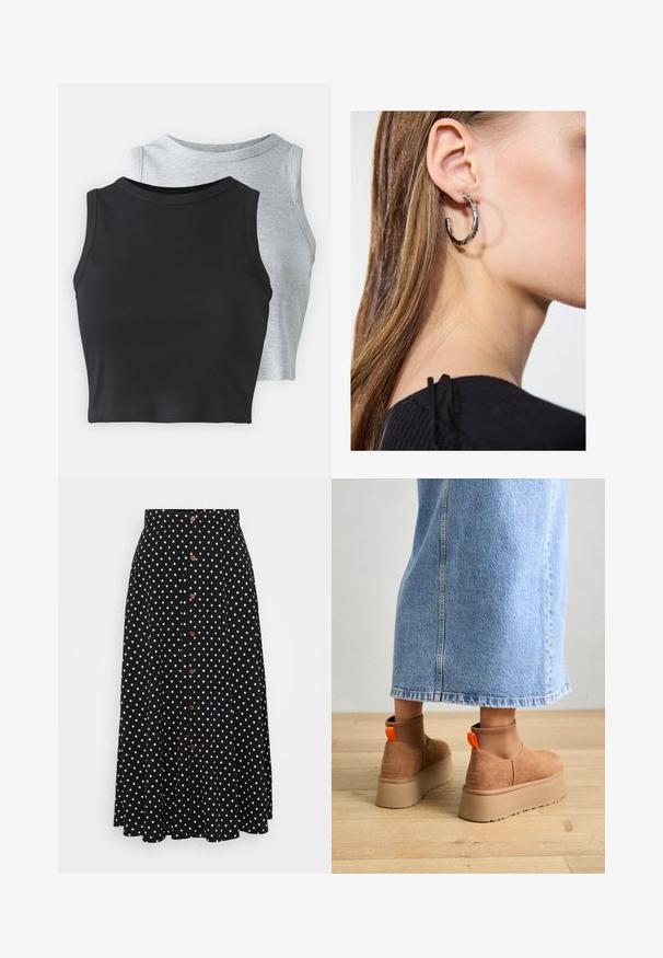 Even&Odd Petite 2 PACK - Top - light grey/black; Fustă neagră cu buline, cu talie înaltă, închidere cu butoane pe partea din față, până la genunchi, confecționată dintr-un material cu o textură fină și o cădere subtilă.; Botine maro din suede cu platformă, cu panouri elastice pe laterale și mânere portocalii, asortate cu o fustă din denim deschis până la genunchi, pe un podea din lemn.; Cercel din argint cu un finisaj polișat, având detalii mici din aur și o formă rotundă, purtat pe lobul urechii.