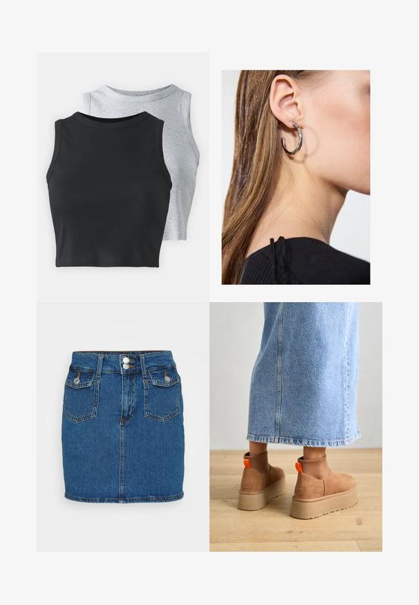 Even&Odd Petite 2 PACK - Felső - light grey/black; Sötétkék farmer mini szoknya, magas derékkal, elöl két gombbal, öt zsebes dizájnnal és kontrasztos varrás a szegély mentén.; Barna velúr platform csizmák elasztikus oldalsó panelekkel és narancssárga húzófülekkel, amelyek egy térdközépig érő világoskék farmer szoknyával vannak párosítva egy fás padlón.; Ez egy ezüst fülbevaló, sima felülettel, amelyen apró arany díszítőelemek találhatók. Kerek formájú és a fülcimpán viselik.