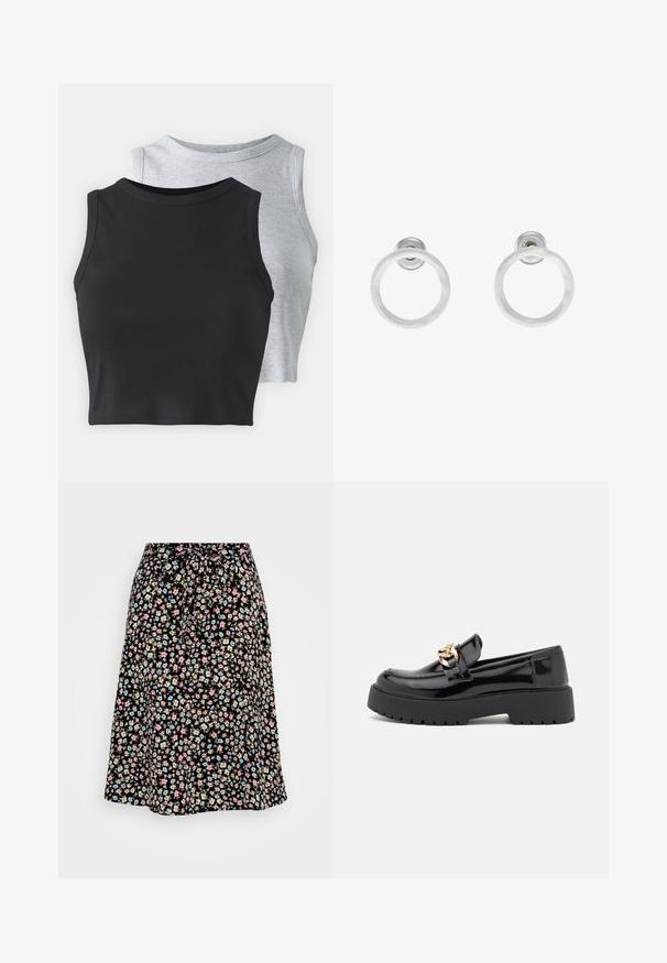 Even&Odd Petite 2 PACK - Toppi - light grey/black; Kukallinen midihame mustalla taustalla, jossa on pieniä vaaleanpunaisia, sinisiä ja beigejä kukkia. Venyvä vyötärö ja sidontayksityiskohta, ilmava muotoilu.; Musta kiiltonahasta valmistettu loaferit, joissa on paksu musta pohja ja kultaiset yksityiskohdat. Tasainen pinta ja pyöristetty kärki.; Hopeista valmistetut korvakorut, joissa on harjattu pinta, ympyrän muotoinen muotoilu ja kirkas varsi takana, joka takaa turvallisen käytön.
