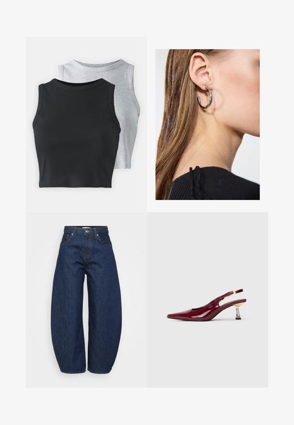 Even&Odd Petite 2 PACK - Top - light grey/black; Dark blue denim jeans with a wide, relaxed fit. Features a zip fly, four pockets, and contrasting stitching along seams.; Glossy burgundy pointed-toe slingback shoe with a gold-toned buckle and mid-height metallic block heel on a white background.; Silver hoop earring with a polished finish, featuring small gold accent details and a round shape, worn on the lobe.