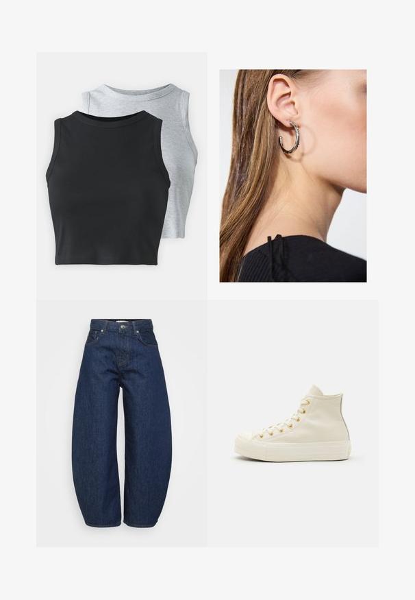 Even&Odd Petite 2 PACK - Topp - light grey/black; Tumesinised teksapüksid laiade, lõdvalt istuvate lõigetega. Varustatud luku ja nelja taskuga ning kontrastse õmblusega õmbluste ääres.; Kreemist nahast kõrged spordijalatsid, millel on kullast silmad ja tekstuuriga viimistlus. Omab kummist tallat ja ümarat varvast.; Hõbedane rõngas kõrvarõngas poleeritud viimistlusega, millel on väikesed kuldsed aktsendid ja ümmargune kuju, kantud lobus.