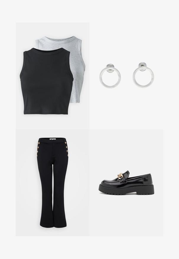 Even&Odd Petite - Top; Czarne rozszerzane spodnie wykonane z gładkiego materiału, z złotymi guzikami na wysokości talii jako detal oraz dopasowanym krojem.; Czarne lakierowane loafersy z masywną czarną podeszwą i złotymi detalami. Gładka tekstura i zaokrąglony kształt noska.; Srebrne metalowe kolczyki w kształcie obręczy z matową teksturą, z okrągłym wzorem i przezroczystym zapięciem typu post, zapewniającym bezpieczne noszenie.