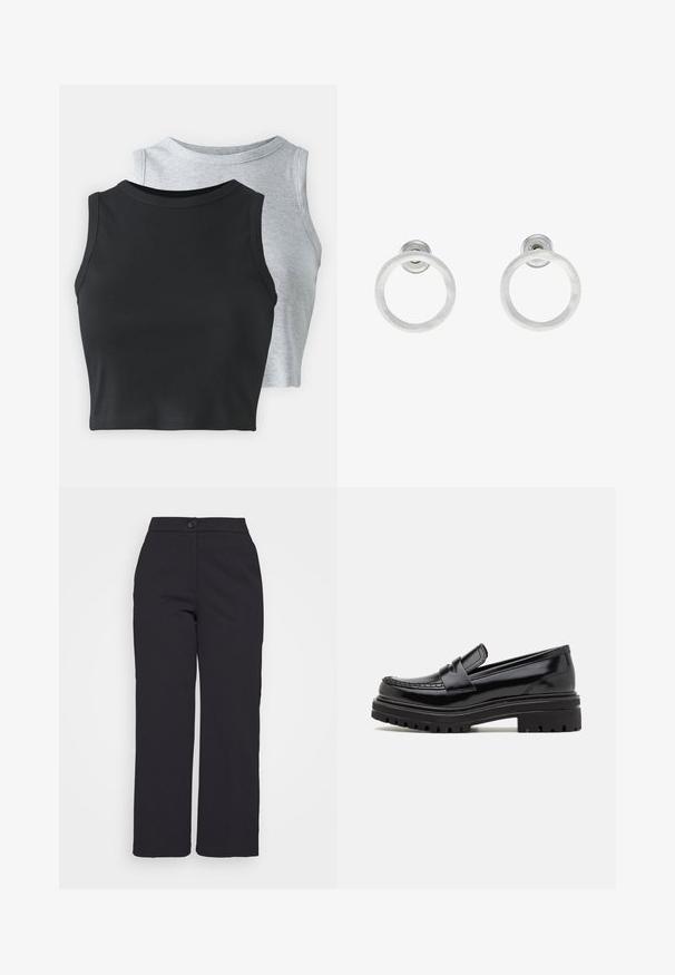 Even&Odd Petite 2 PACK - Top - light grey/black; Černé kalhoty širokého střihu vyrobené z hladkého materiálu, s knoflíkovým zapínáním a čistým, upraveným designem bez viditelných kapes.; Zign LEATHER - Polobotky - black; Stříbrné kovové kruhové náušnice s broušenou texturní úpravou, s kulatým designem a průhledným záznamem pro bezpečné nošení.