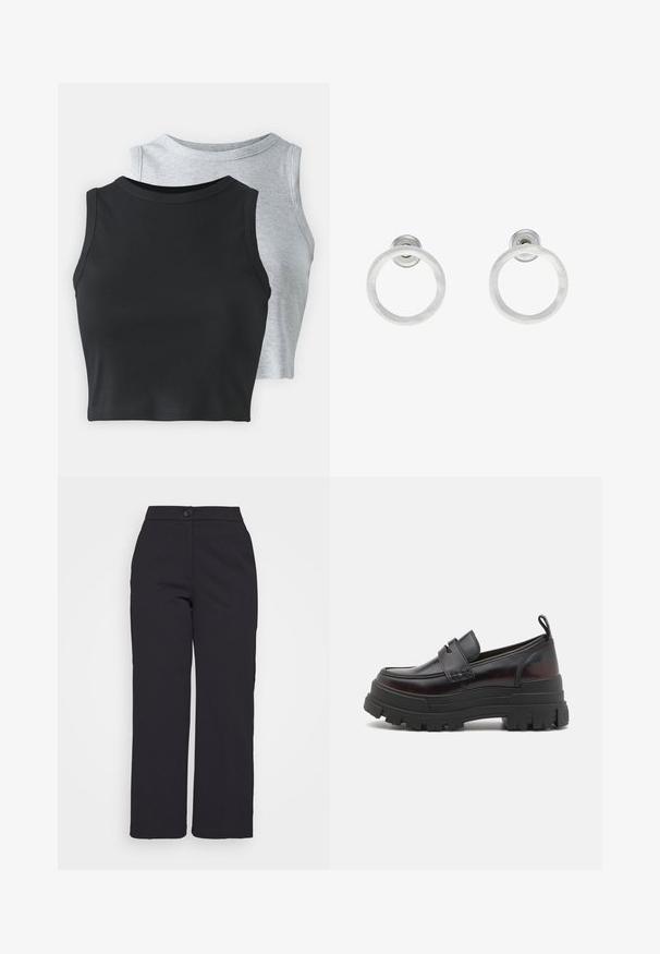 Even&Odd Petite 2 PACK - Topp - light grey/black; Mustad laiad mustad püksid siledast kangast, mis on varustatud nööbiklõpsuga ja üleva, hästi lõigatud disainiga, ilma nähtavate taskuteta.; Buffalo ASPHA LOAFER - Jalga libistatavad jalanõud - black/red; Hõbedased metallist rõngastooted, millel on harjatud tekstuur, ümmargune disain ja selge tagumine post, tagamaks kindlat kandmist.
