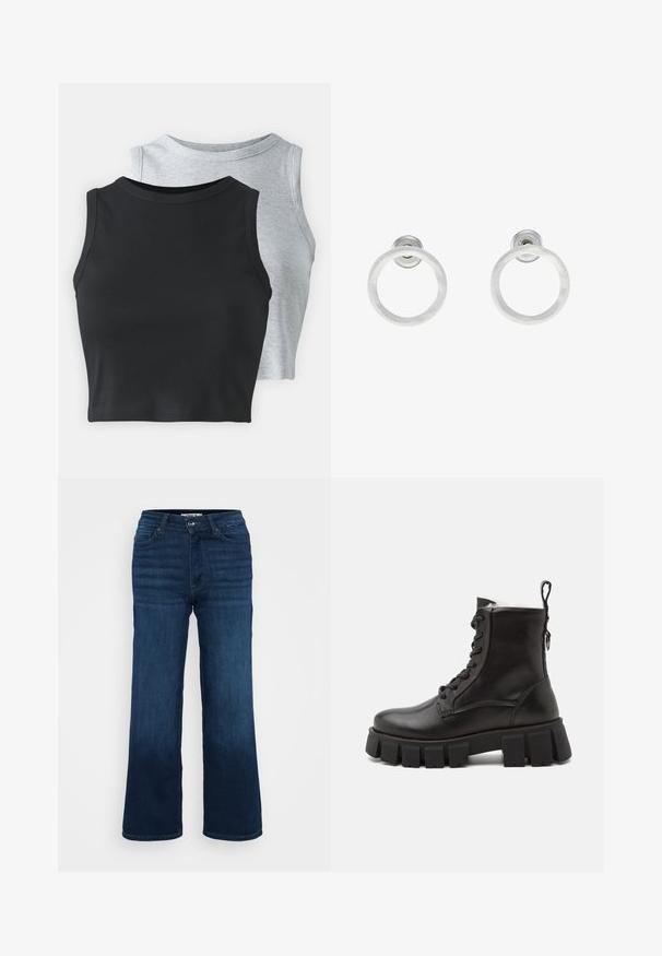 Even&Odd Petite - Top; ONLY Petite ONLMADISON WIDE ciemnoniebieski; Czarne skórzane botki za kostkę z grubą gumową podeszwą, okrągłym noskiem, sznurowanym przodem oraz uchwytem z tyłu ułatwiającym zakładanie.; Srebrne metalowe kolczyki w kształcie obręczy z matową teksturą, z okrągłym wzorem i przezroczystym zapięciem typu post, zapewniającym bezpieczne noszenie.