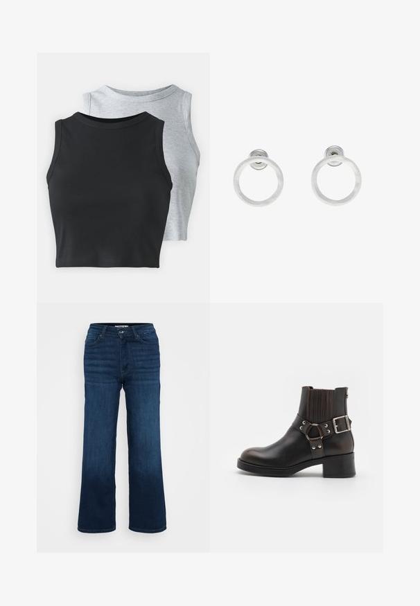 Even&Odd Petite - Top; ONLY Petite ONLMADISON WIDE ciemnoniebieski; Czarna skórzana botka za kostkę z zaokrąglonym noskiem, elastycznymi bocznymi panelami i dekoracyjnym paskiem z klamrą. Posiada kontrastowe przeszycia oraz niski obcas.; Srebrne metalowe kolczyki w kształcie obręczy z matową teksturą, z okrągłym wzorem i przezroczystym zapięciem typu post, zapewniającym bezpieczne noszenie.