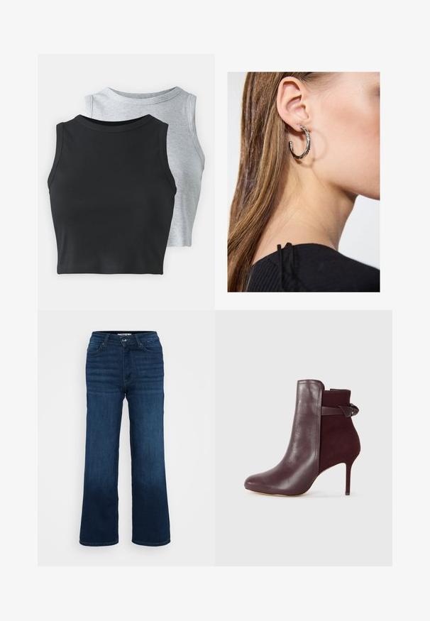 Even&Odd Petite 2 PACK - Débardeur - light grey/black; ONLY Petite ONLMADISON BLUSH WIDE - Wide Leg - dark blue denim; Bottine bordeaux avec une finition en cuir lisse et un panneau en daim doux, dotée d'un haut talon aiguille et d'un accent en nœud à l'arrière.; Boucle d'oreille en argent avec une finition polie, présentant de petits détails en or et de forme ronde, portée sur le lobe.