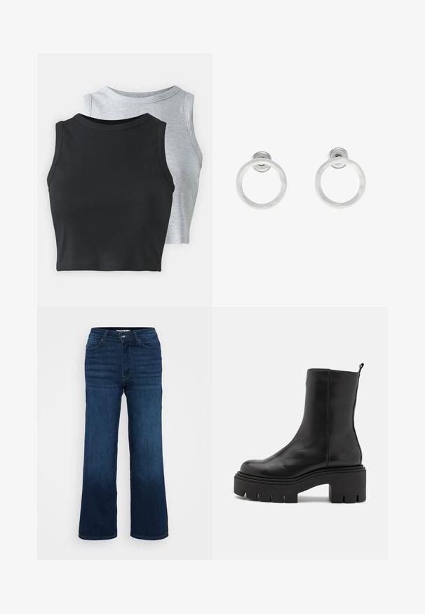Even&Odd Petite 2 PACK - Top - light grey/black; ONLY Petite ONLMADISON BLUSH WIDE - Wide leg - dark blue denim; Černé kožené kotníkové boty s robustní platformou, s hladkým povrchem a poutkem na zadní straně pro snadné nazouvání.; Stříbrné kovové kruhové náušnice s broušenou texturní úpravou, s kulatým designem a průhledným záznamem pro bezpečné nošení.
