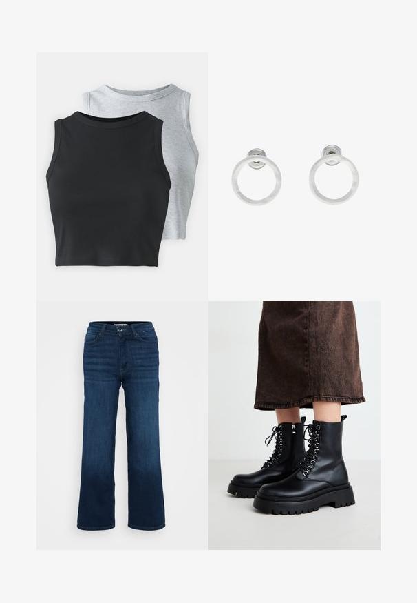 Even&Odd Petite 2 PACK - Top - light grey/black; ONLY Petite ONLMADISON BLUSH WIDE - Široke hlačnice - dark blue denim; Črne usnjene gležnjarje z debelim podplatom, vezalkami spredaj in stranskim zadrgo. Imajo srebrne obrobe in gladko teksturo.; Srebrni kovinski obročasti uhani z brušenjem, s krožno obliko in prozornim zatičem za varno nošenje.