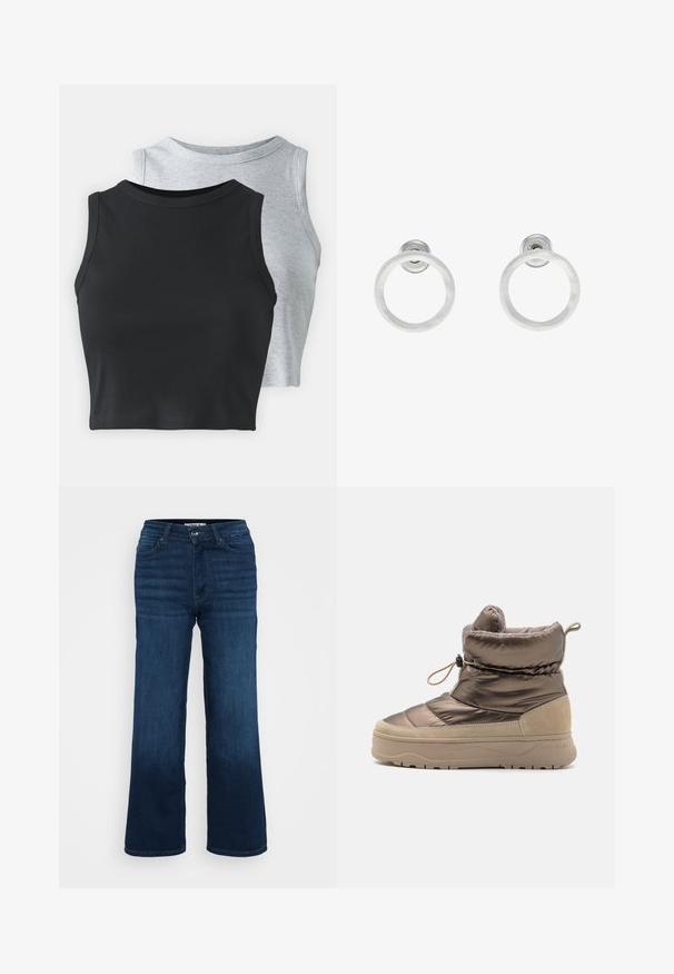 Even&Odd Petite 2 PACK - Top - light grey/black; ONLY Petite ONLMADISON BLUSH WIDE - Široke nogavice - dark blue denim; Pamučne čizme do gležnjeva s sjajnom smešnom sintetikom, akcentima od antilopa, zaobljenim vrhom i teksturiranom bež potplatom s uvučenom ručkom.; Srebrne metalne naušnice u obliku prstena s brušenom teksturom, s kružnim dizajnom i prozirnom vrstom kopče za sigurno nošenje.