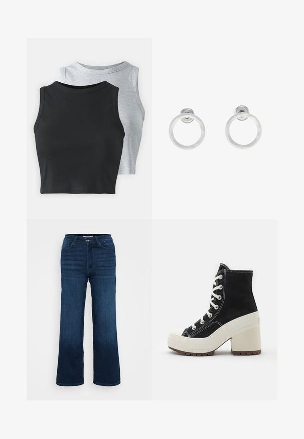 Even&Odd Petite 2 PACK - Toppi - light grey/black; ONLY Petite ONLMADISON BLUSH WIDE - Leveälahkeiset - dark blue denim; Mustat korkeavartiset saappaat, joissa on valkoiset nauhat, teksturoitu kangas, kermahuokoinen pohja ja lohkarekorko. Varustettu valkoisilla ompeleilla ja kumisella varvassuojalla.; Hopeista valmistetut korvakorut, joissa on harjattu pinta, ympyrän muotoinen muotoilu ja kirkas varsi takana, joka takaa turvallisen käytön.