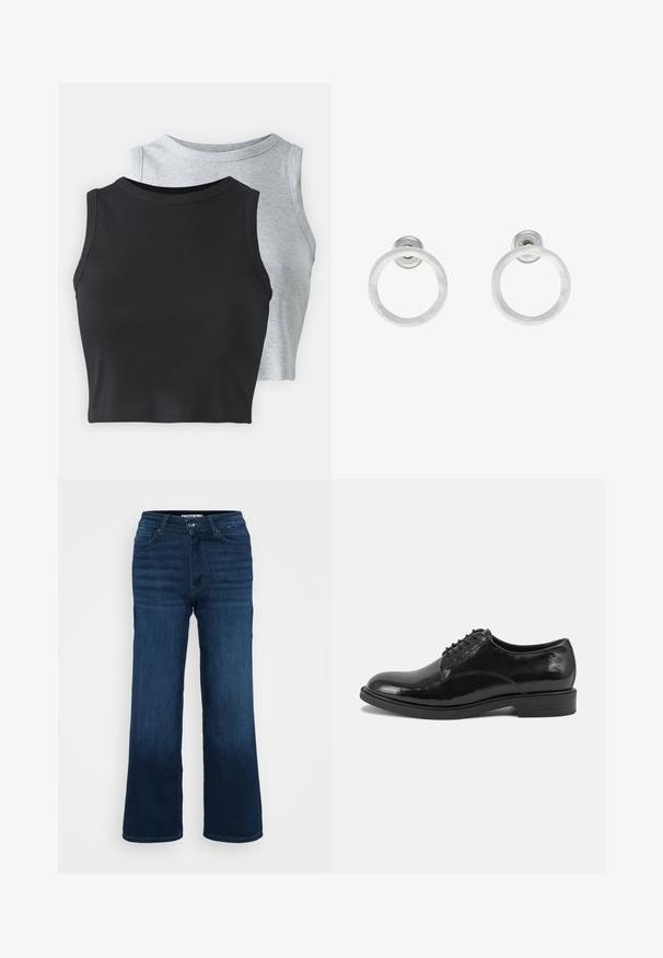 Even&Odd Petite 2 PACK - Top - light grey/black; ONLY Petite ONLMADISON BLUSH WIDE - Wide Leg - dark blue denim; Schwarze Lederhalbschuhe mit glänzender Oberfläche, runder Spitze und Schnürdesign. Verfügt über einen niedrigen gestapelten Absatz und dezente Stitching-Details.; Silberne Metall-Hoops Ohrringe mit gebürsteter Oberfläche, die ein kreisförmiges Design aufweisen und mit einem klaren Steckverschluss für einen sicheren Halt ausgestattet sind.