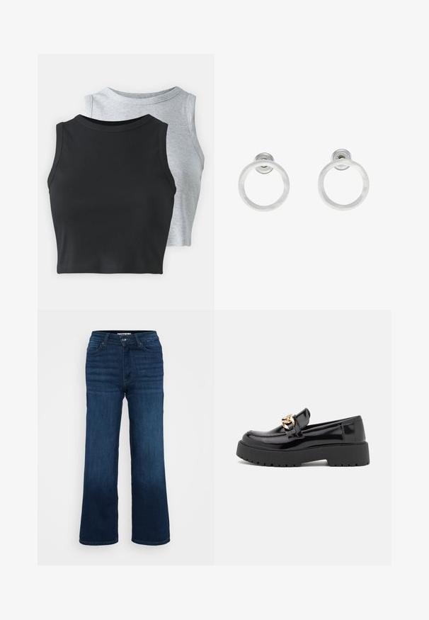 Even&Odd Petite 2 PACK - Toppi - light grey/black; ONLY Petite ONLMADISON BLUSH WIDE - Leveälahkeiset - dark blue denim; Musta kiiltonahasta valmistettu loaferit, joissa on paksu musta pohja ja kultaiset yksityiskohdat. Tasainen pinta ja pyöristetty kärki.; Hopeista valmistetut korvakorut, joissa on harjattu pinta, ympyrän muotoinen muotoilu ja kirkas varsi takana, joka takaa turvallisen käytön.