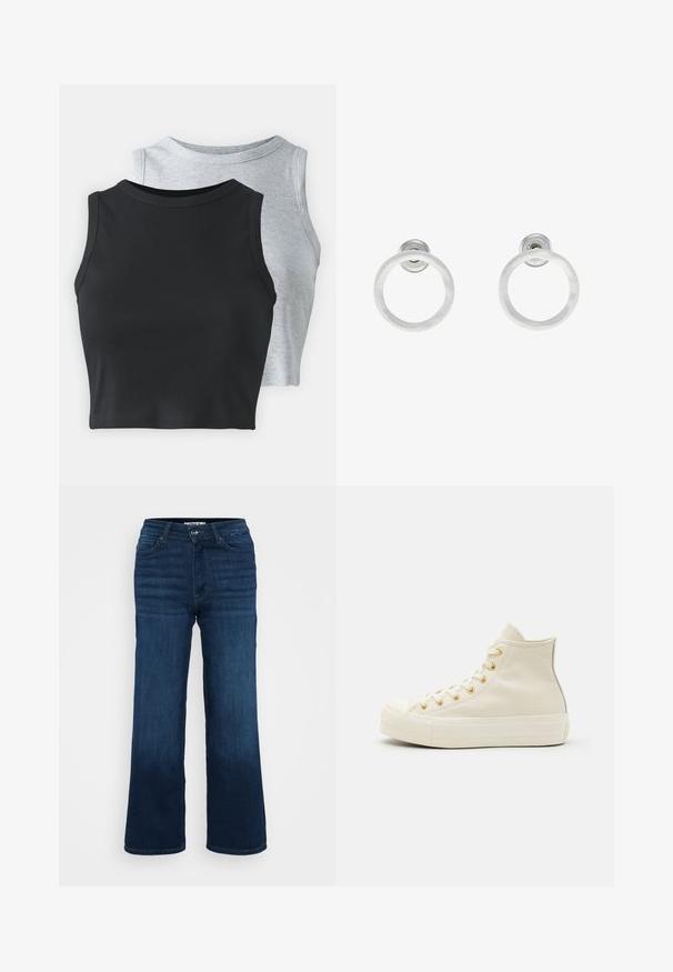 Even&Odd Petite 2 PACK - Top - light grey/black; ONLY Petite ONLMADISON BLUSH WIDE - Široké nohavice - dark blue denim; Vysoké tenisky vyrobené z krémovej kože so zlatými očkami a textúrovaným povrchom. Majú gumovú podrážku a zaoblenú špičku.; Strieborné kovové náušnice vo forme kruhov s brúsenou textúrou, so zaobleným dizajnom a priehľadným zarážkou pre bezpečné nosenie.