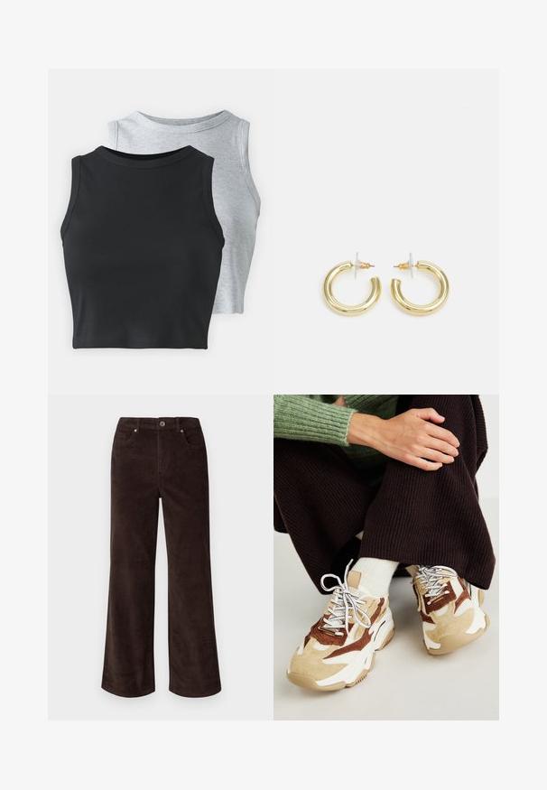 Even&Odd Petite 2 PACK - Top - light grey/black; Vero Moda Petite VMTESSA PANTS - Hlače - chocolate torte; Steve Madden POSSESSIONE - Tenisice - brown/sand; Zlatne kružne naušnice s glatkom, sjajnom završnom obradom. Kružni dizajn s malom potporom i prozirnom podlogom za sigurno nošenje.