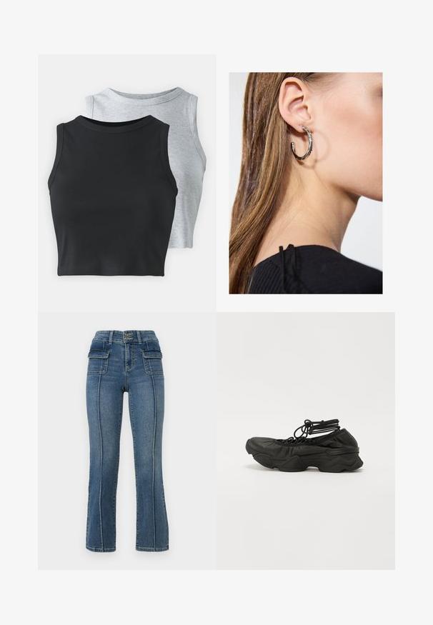 Even&Odd Petite 2 PACK - Top - light grey/black; ONLY Petite ONLWAUW MID WAIST FLARED - Trapezaste traperice - medium blue denim; Crne atletske cipele s teksturiranim kožnim gornjim dijelom, zaobljenim vrhom i debelim đonom. Šnire pričvršćene petljama oko gležnja za čvrsto prijanjanje.; Srebrna kružna naušnica s poliranim završetkom, koja ima male zlatne detalje i okrugli oblik, nošena na uhu.