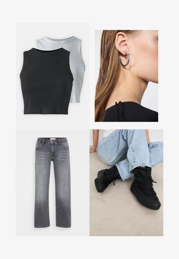 Even&Odd Petite 2 PACK - Tops - light grey/black; Pelēki džinsi ar taisnu kāju dizainu, piecu kabatu stils, viegla izbalēšana un pogas aizdare viduklī.; Melnas ikru augstuma sporta apavi ar mīkstinātu augšdaļu, strukturētu audumu un regulējamiem auklēm. Biezas gumijas zoles un elegants, minimālisma dizains.; Sudraba auskars ar pulētu apdari, ar maziem zelta akcentiem un apaļu formu, uz ausu ļipiņas.