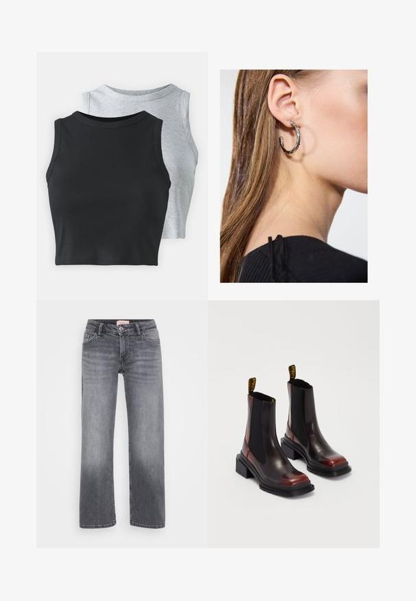 Even&Odd Petite 2 PACK - Top - light grey/black; Sivé džínsy s rovnými legami, pätkový strih, jemné vyblednutie a gombíkový uzáver v páse.; Dr. Martens MAYBOLE CHELSEA - Členkové čižmy na platforme - black/cherry red; Strieborná kruhová náušnica s lesklým povrchom, obsahujúca malé zlaté akcenty a okrúhly tvar, nosená na lalôčiku ucha.