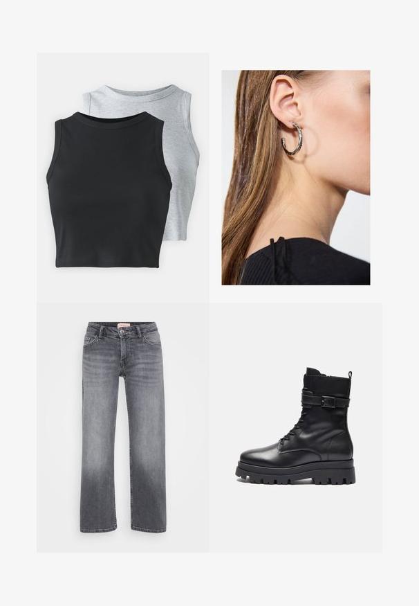 Even&Odd Petite 2 PACK - Top - light grey/black; Gray denim jeans with a straight leg design, five-pocket style, subtle fading, and a button closure at the waist.; Black leather ankle boot with a rounded toe, lace-up front, buckle detail on the side, and a chunky rubber sole.; Silver hoop earring with a polished finish, featuring small gold accent details and a round shape, worn on the lobe.