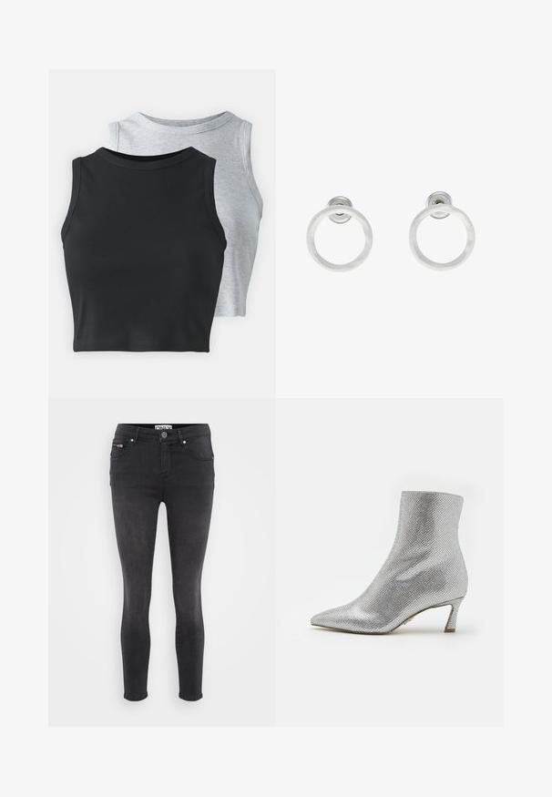 Even&Odd Petite 2 PACK - Top - light grey/black; Jeans skinny neri in denim. Presentano una chiusura frontale con bottone e una tasca con zip in vita. Texture liscia con minima scoloritura.; Stivale alla caviglia argento con una superficie testurizzata e simile a rete, punta a punta e un tacco basso e strutturato. Presenta una fodera interna liscia.; Orecchini a cerchio in metallo argento con finitura spazzolata, caratterizzati da un design circolare e un gancio trasparente sul retro per una vestibilità sicura.
