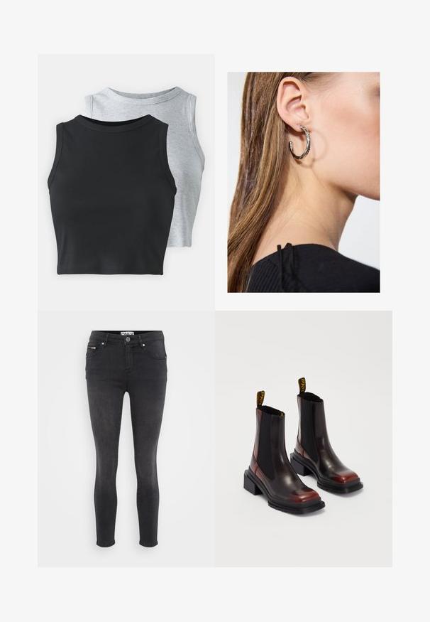 Even&Odd Petite - Top; Czarne slim fit dżinsy wykonane z denimu. Posiadają zapięcie na guzik z przodu oraz zapinaną na zamek kieszeń w pasie. Gładka tekstura z minimalnym blaknięciem.; Dr. Martens MAYBOLE CHELSEA ciemnoczerwony; Srebrny kolczyk w kształcie koła z polerowanym wykończeniem, z małymi złotymi akcentami, noszony na płatku ucha.