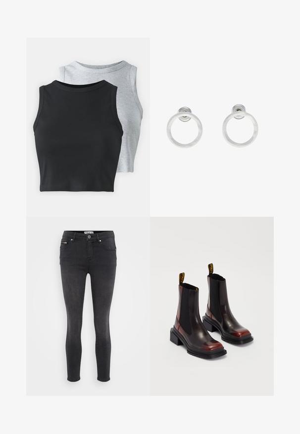 Even&Odd Petite 2 PACK - Top - light grey/black; Zwarte skinny jeans van denim. Voorzien van een knoopsluiting aan de voorkant en een ritszak op de taille. Soepele textuur met minimale vervaging.; Dr. Martens MAYBOLE CHELSEA - Enkellaarsjes met plateauzool - black/cherry red; Zilveren metalen ringoorbellen met een geborstelde textuur, met een ronde vorm en een transparante bevestiging voor een veilige draagwijze.