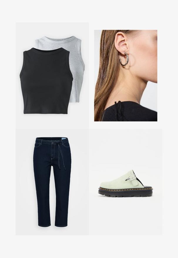 Even&Odd Petite 2 PACK - Top - light grey/black; Temno modri denim hlače z ohlapnim krojem. Imajo šivane poudarke, pas z vrvico in pet žepov. Gladka tekstura in dolžina do gležnjev.; Svetlozeleni nubuk crocs s zaobljenim prstom, prilagodljivim kopčanjem i crnim teksturiranim đonom s narančastim šavovima.; Srebrna obročasta uhana s polirano površino, ki vključuje majhne zlate poudarke in okroglo obliko, nošena na ušesnem lobu.