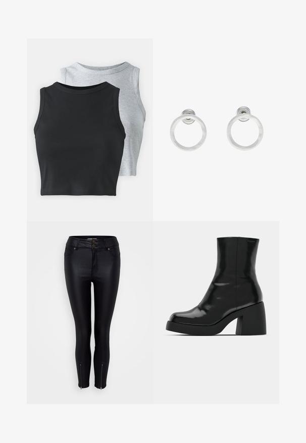 Even&Odd Petite 2 PACK - Top - light grey/black; Crne skinny traperice s sjajnim efektnim kožnim završetkom, dva prednja džepa, dvostruko dugme za zatvaranje i munje na gležnjevima za detalj.; Crne gležnjače s sjajnom površinom, četvrtastim vrhom i debelim blok petama. Dizajn ima besprijekornu siluetu i minimalno brendiranje.; Srebrne metalne naušnice u obliku prstena s brušenom teksturom, s kružnim dizajnom i prozirnom vrstom kopče za sigurno nošenje.