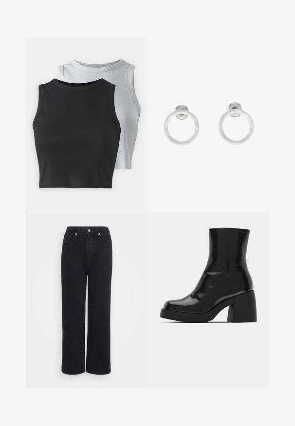 Even&Odd Petite 2 PACK - Topper - light grey/black; Sorte denim bredde ben bukser med høy midje, som har dekorative nagledetaljer overalt og en glatt tekstur.; Sorte ankelstøvler med en blank finish, kvadratisk tå og en tykk blokkheel. Designet har en sømløs silhuett og minimal merkevare.; Sølvmetall hoop øreringer med børstet tekstur, med en sirkulær design og klar feste bak for sikker bruk.