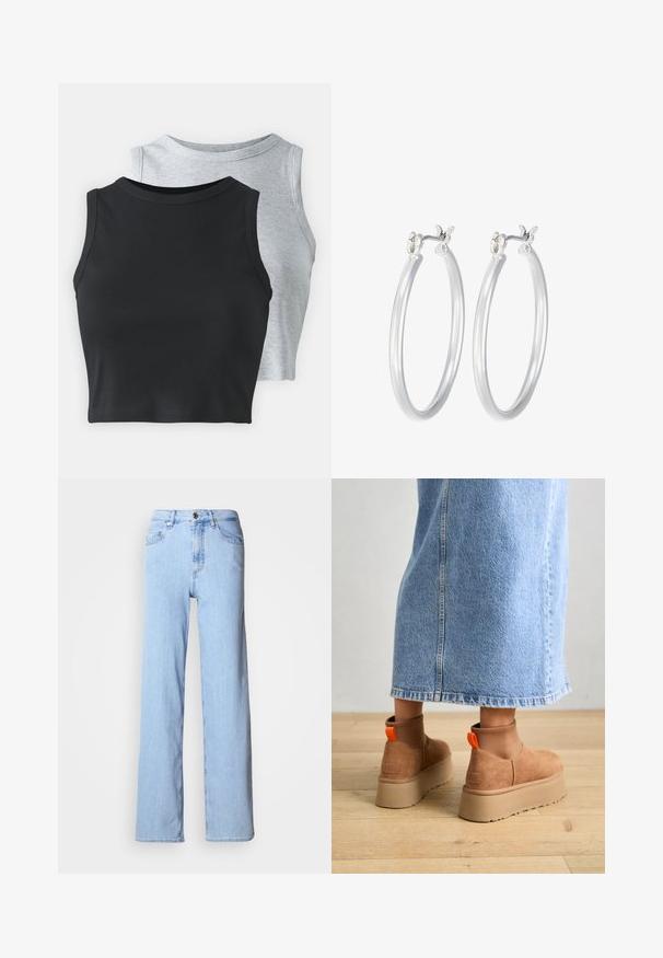 Even&Odd Petite 2 PACK - Tops - light grey/black; Gai zili džinsi ar plašām kājām, izgatavoti no denima. Ar priekšējo pogu aizdari un piecām kabatām, ar izšūtu detaļu gar šuvēm.; Brūni zamšādas platforma zābaki ar elastīgiem sānu paneļiem un oranžām cilpām, apvienoti ar līdz ceļgaliem garu gaišā denima svārku uz koka grīdas.; Sudraba riņķveida auss gredzeni ar gludu, pulētu apdari. Apaļa forma un drošs klikšķa augšējais slēgums. Viegls dizains, kas piemērots ikdienas valkāšanai.