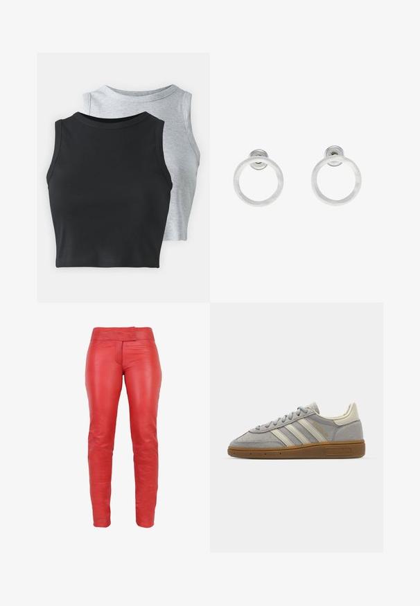 Even&Odd Petite 2 PACK - Top - light grey/black; Rode leren broek met een gladde textuur, slim fit en een licht verkorte lengte. Heeft een brede tailleband en een voorkeurszak.; Grijze suède sneakers met lichtgrijze leren strepen en een gomrubberen zool. Kenmerken zijn een vetersluiting en subtiele branding op de tong.; Zilveren metalen ringoorbellen met een geborstelde textuur, met een ronde vorm en een transparante bevestiging voor een veilige draagwijze.